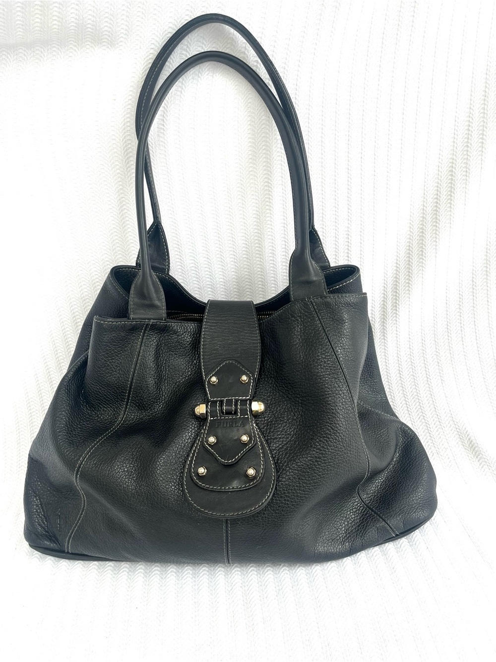Furla- Vintage Pebbled Black Leather Tote Bag with Buckle Accent